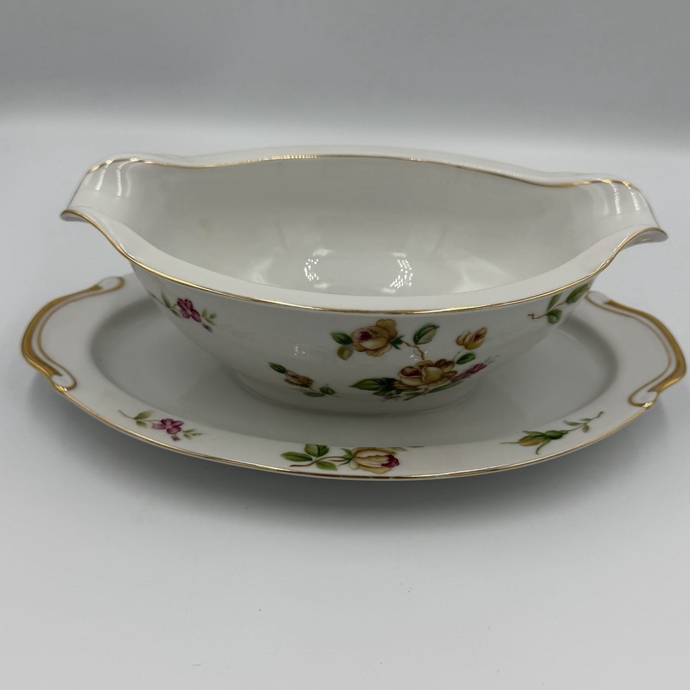 Vintage Lynmore Golden Rose Fine‎ China Gravy Boat With Attached Plate